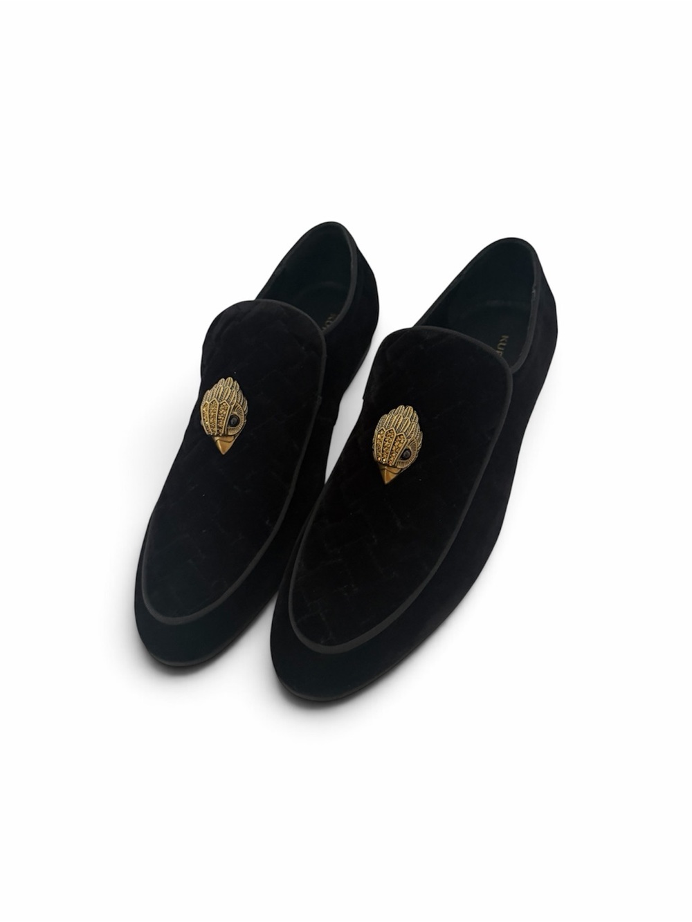 Kurt Geiger Black Velvet Slip-On Loafers with Gold Crest